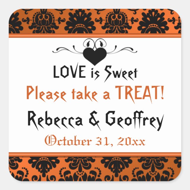 Carré Sticker Mariage gothique Orange, Black Scroll Hear (Devant)
