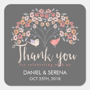 Carré Sticker Mariage Merci à script floral aux oiseaux 