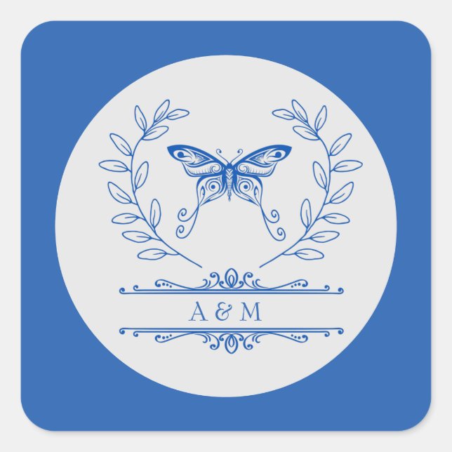 Carré Sticker Mariage Monogramme Papillon Bleu (Devant)