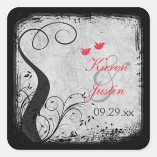 Carré Sticker Mariage rouge, gris lovebirds, Birdcage
