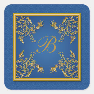 Carré Sticker Monogramme Floral Bleu et Or