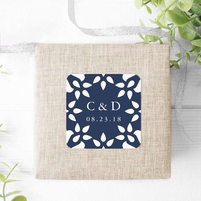 Carré Sticker Monogramme Mariage Arabesque | Marine (Créateur téléchargé)