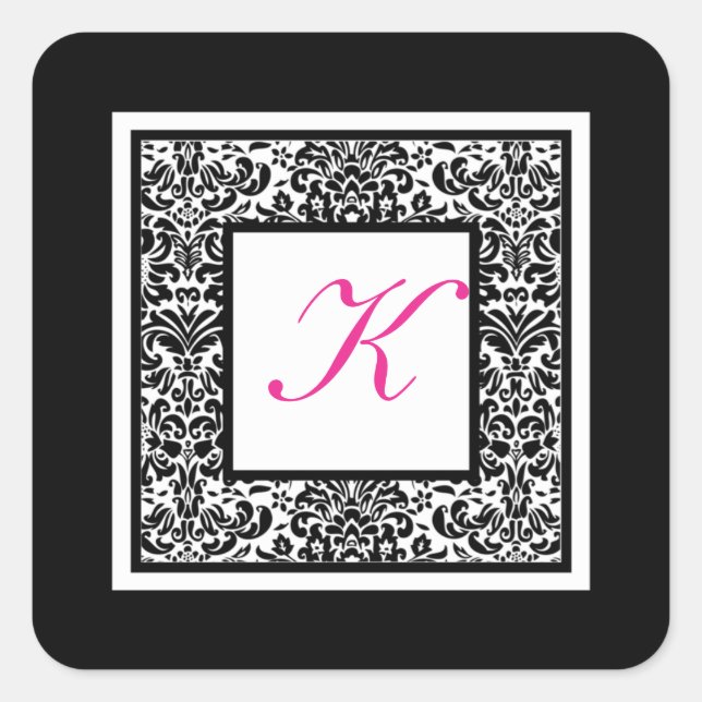 Carré Sticker monogramme noir, blanc et rose Damas (Devant)