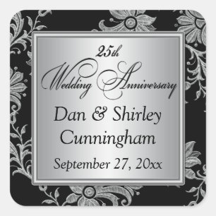 Carré Sticker noir, argent 25ème Mariage Anniversaire 2