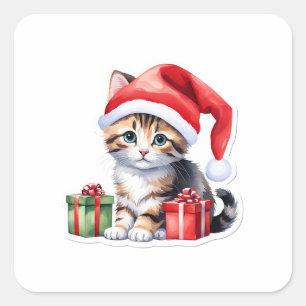 Carré Sticker pour chat de Noël - Kitty avec cadeaux