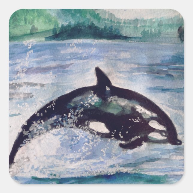 Carré Sticker pour dessin d'aquarelle de baleine (Devant)