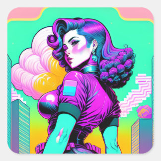 Carré Sticker pour fille Neon Vaporwave Pinup