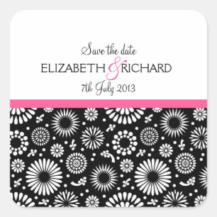Carré Sticker Retro noir fleurs blanches 'Save the Date'