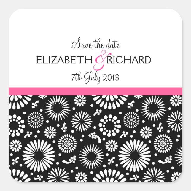 Carré Sticker Retro noir fleurs blanches 'Save the Date' (Devant)
