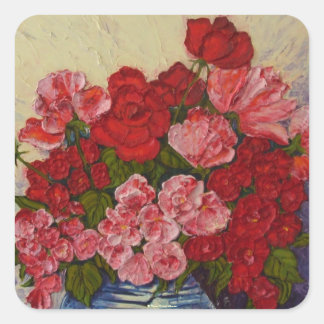 Carré Sticker rond roses et pivoines
