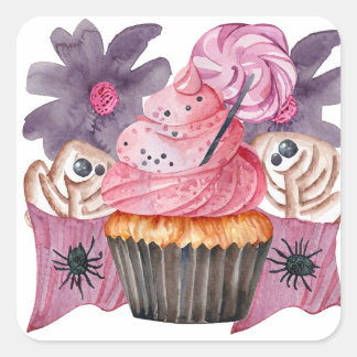 Carré Sticker Rose avec Gâteau et Araignées