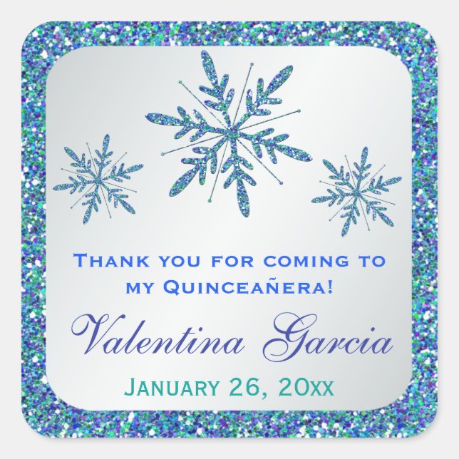 Carré Sticker Silver Aqua Blue Green Snowflakes (Devant)