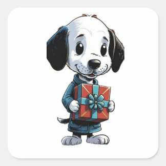 Carré Sticker Snoopy chien tenant une boîte cadeau