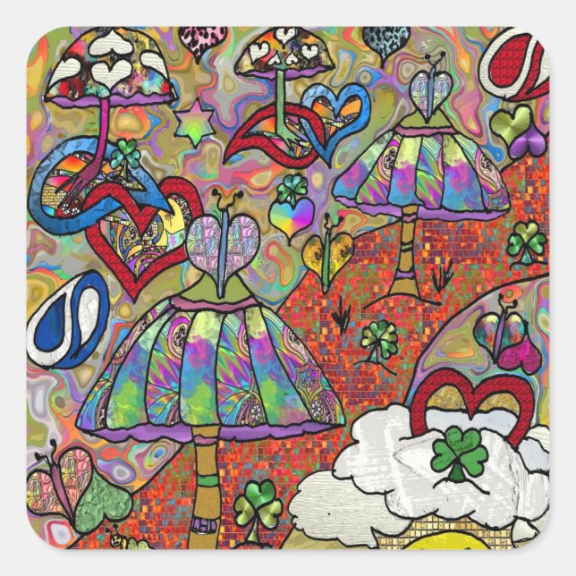 Carré Sticker Sqr Psychedelic Mushroom Retro 60s (Devant)