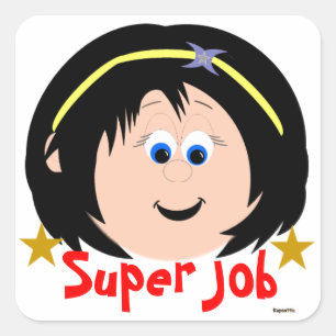 Carré Sticker Super Job Fille Bleu Cheveux Noir