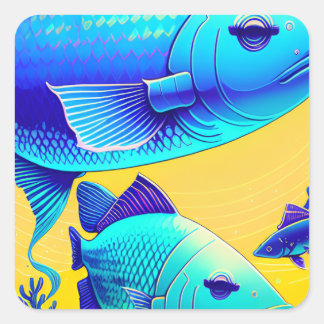 Carré Sticker Vibrant Poissons Bleus Profond