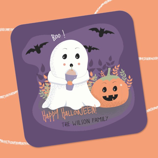 Carré Sticker violet Halloween Fantôme blanc (Cute ghost purple Halloween sticker .
)
