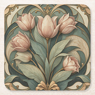 Carré Tulipes roses Art Nouveau Papier dessous de verre 