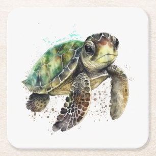 Carré Turtle dans Dessous de verre de papier aquarelle