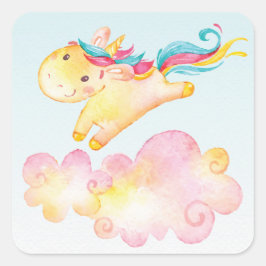 Carré Unicorne arc-en-ciel Pastel avec Sticker doux nuag