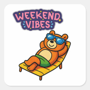 Carré Vibes de week-end Ourson mignon détente Sticker d'