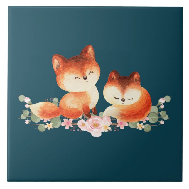 Carreau 2 mignons Petits Renards Rouges Aquarelle Design (Devant)