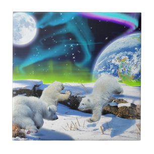 Carreau 3 cubes d'ours polaires jouant dans la neige - Art