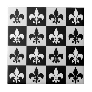 Carreau à damiers Blanc Noir Fleur-De-Lis Motif