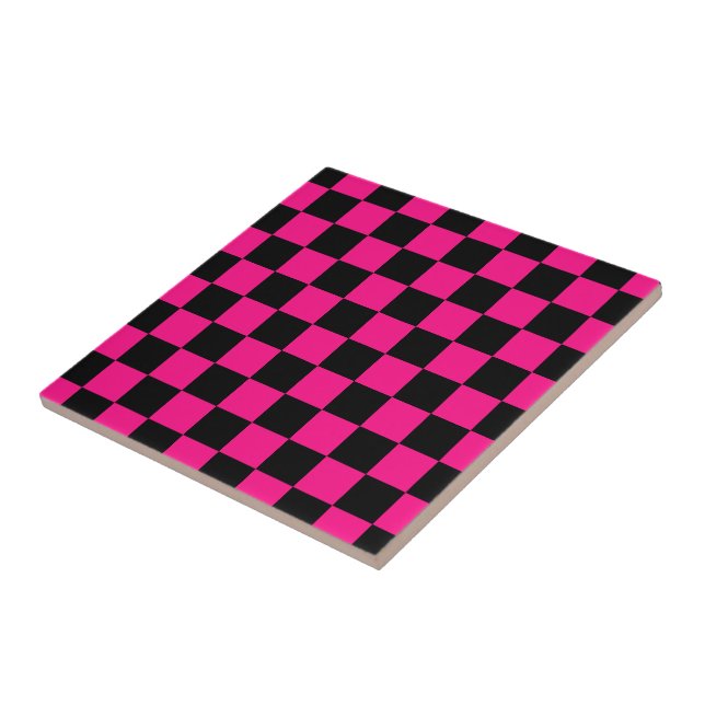 Carreau à damiers carré rose chaud noir rétro géométrique (Côté)