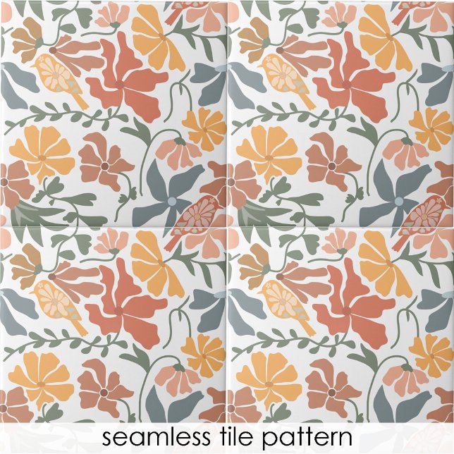 Carreau Abstrait Floral & Oiseaux Mi-siècle Motif moderne (Abstract Floral & Birds Mid Century Modern Pattern Ceramic Tile)