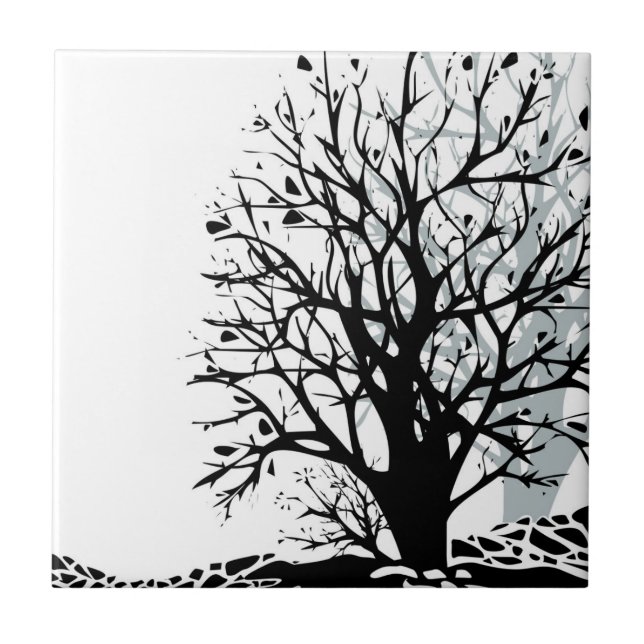 Carreau Abstrait moderne arbre noir silhouette ombre blanc (Devant)