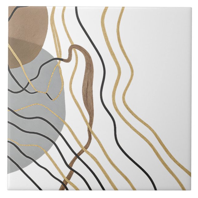 Carreau Abstrait moderne Gold Line Art Neutre Gris Brown (Devant)