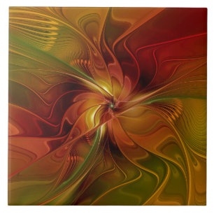 Carreau Abstrait Rouge Orange Brown Vert Fractal Art Flowe