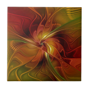 Carreau Abstrait Rouge Orange Brown Vert Fractal Art Flowe