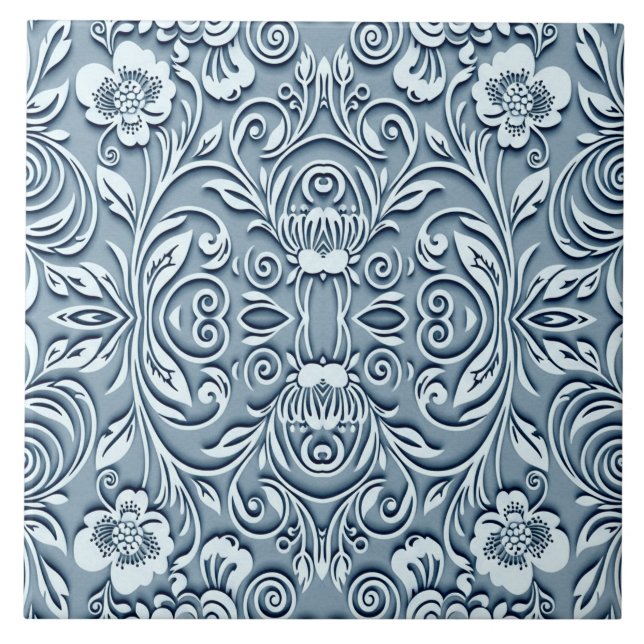 Carreau Acier Bleu symétrique Embossé Design floral (Devant)
