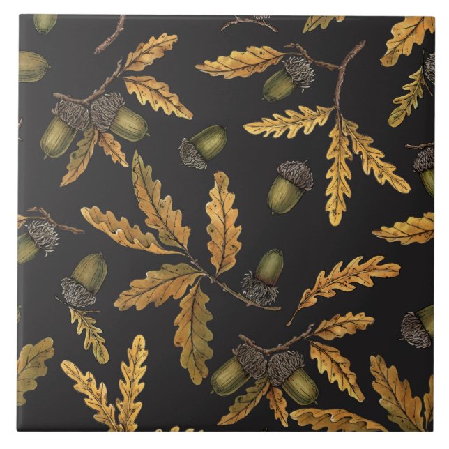 Carreau Acornes et feuilles de chêne sur noir (Devant)