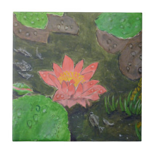 Carreau Acrylique sur toile, nénuphar rose et feuilles ver