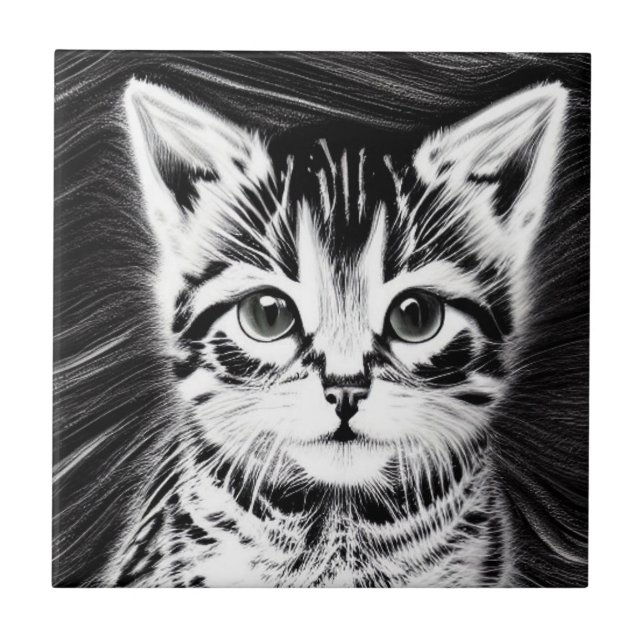 Carreau adorable chaton rayures noir et blanc (Devant)