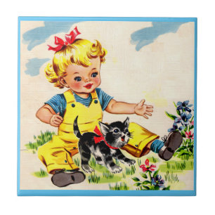Carreau adorable petite fille avec adorable petit chaton