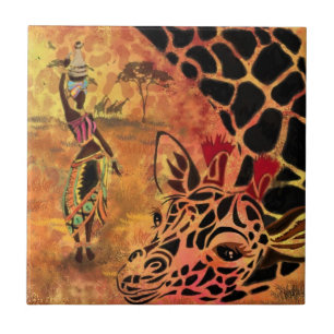 Carreau African Girl and Giraffe - Amis - Dessin artistiqu