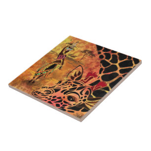 Carreau African Girl and Giraffe - Friends - Art Drawing -