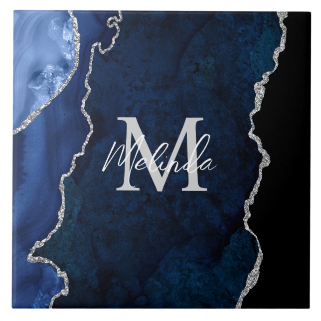 Carreau Agate de marbre bleu marine et argenté (Devant)