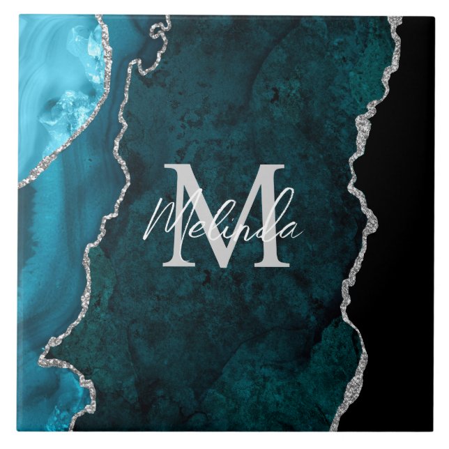 Carreau Agate de marbre bleu turquoise et argenté (Devant)