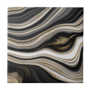 Carreau Agate Noir blanc et or fluide marbre moderne