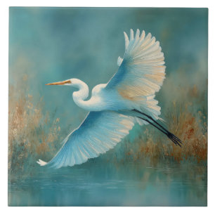 Carreau Aigrette blanche en vol à l'aquarelle