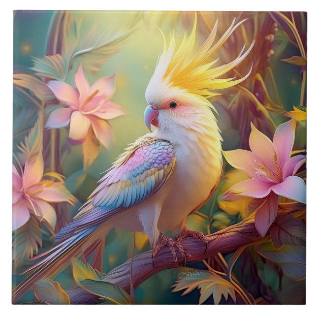 Carreau Aile Iridescente Cockatiel Imaginaire Oiseau (Devant)