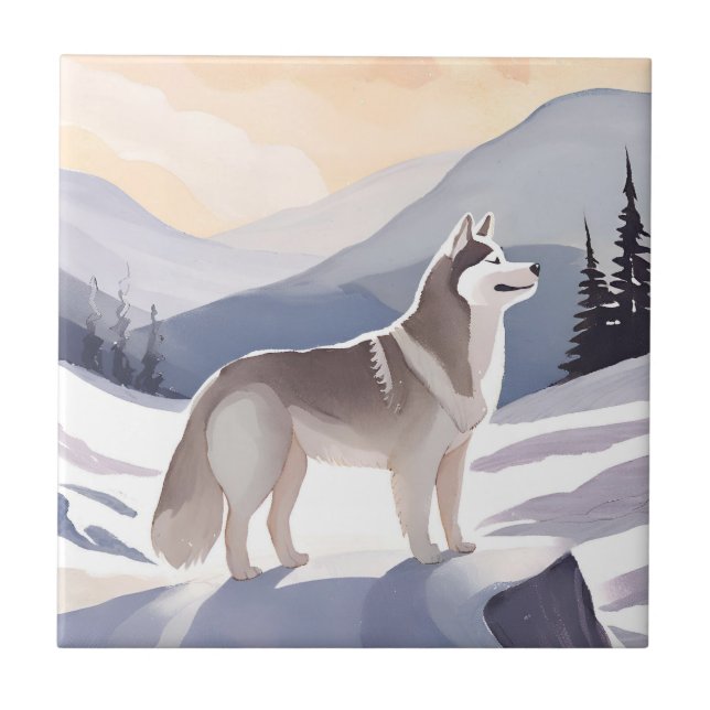 Carreau Alaskan Husky | Dog Mountain Watercolor (Devant)