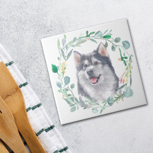 Carreau Alaskien Malamute Chien Watercolor Wreath