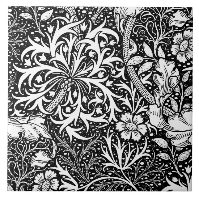 Carreau Algue de Nouveau d'art florale, noir et blanc (Devant)