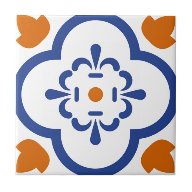 Carreau Alhambra tuiles orange fleurs bleues (Devant)